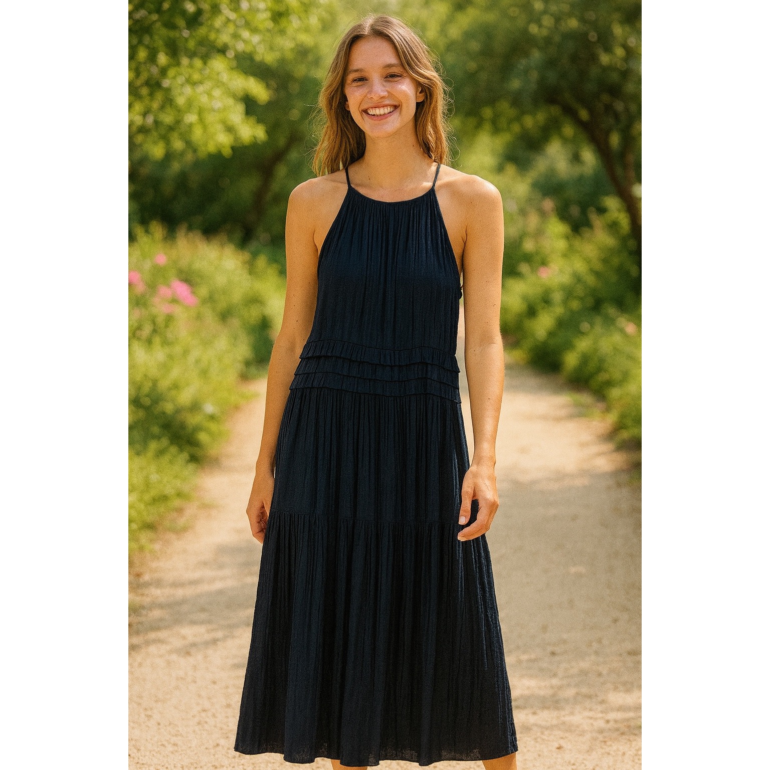 Current Air Sleeveless Halter Cutout Back Crinkle Midi Dress Navy Blue Xs